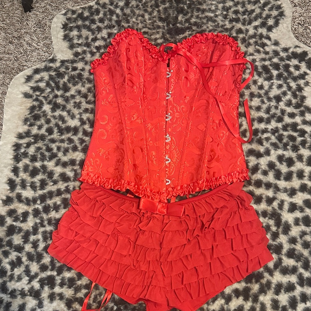 Elegant Red Lace Corset and Ruffle Shorts Set